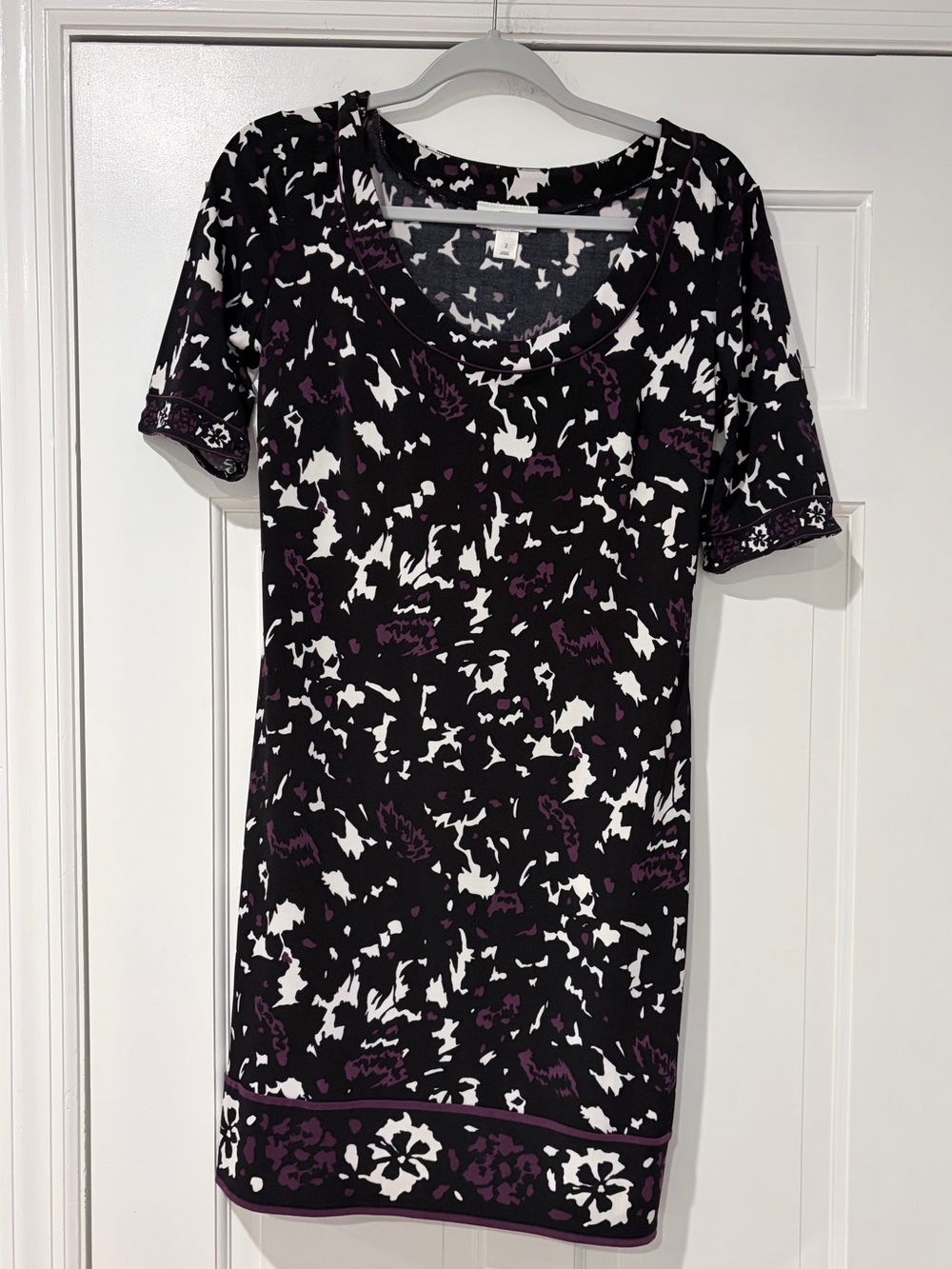 LOFT Black & White Printed Mini Dress with Purple Accents